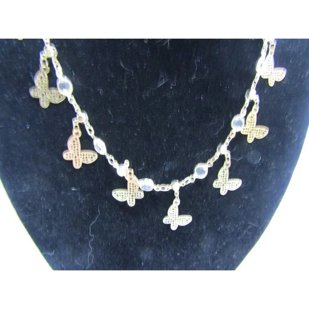 Gold Dangly Butterfly Pendant Rhinestone Alloy‎ Necklace Boho Chain